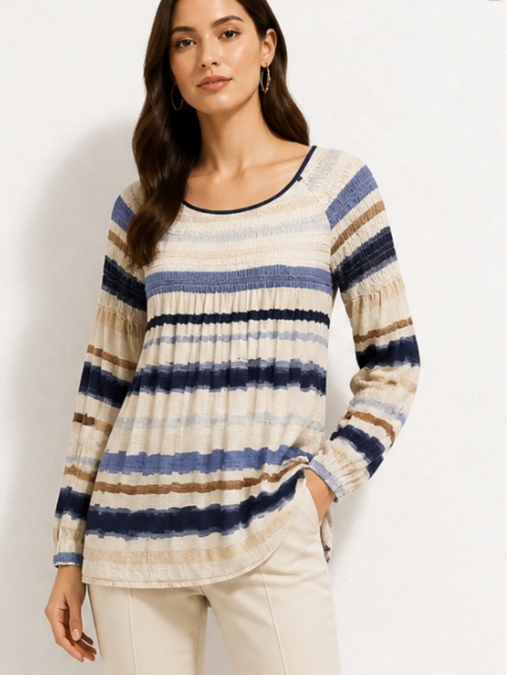 MEADOW RUE Anthropologie Blouse Top Jersey Knit Peasant Smocked Stripe Boho